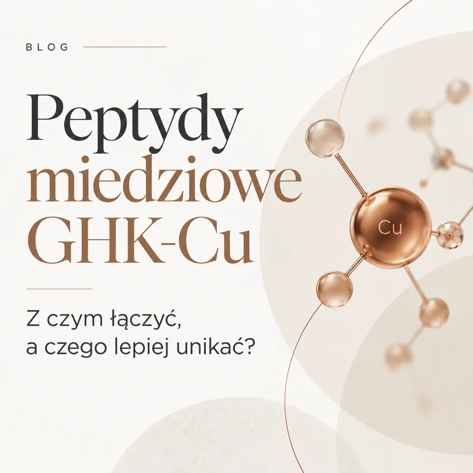Minimalistyczna grafika o peptydach miedziowych GHK-Cu i zasadach łączenia ich z innymi składnikami.