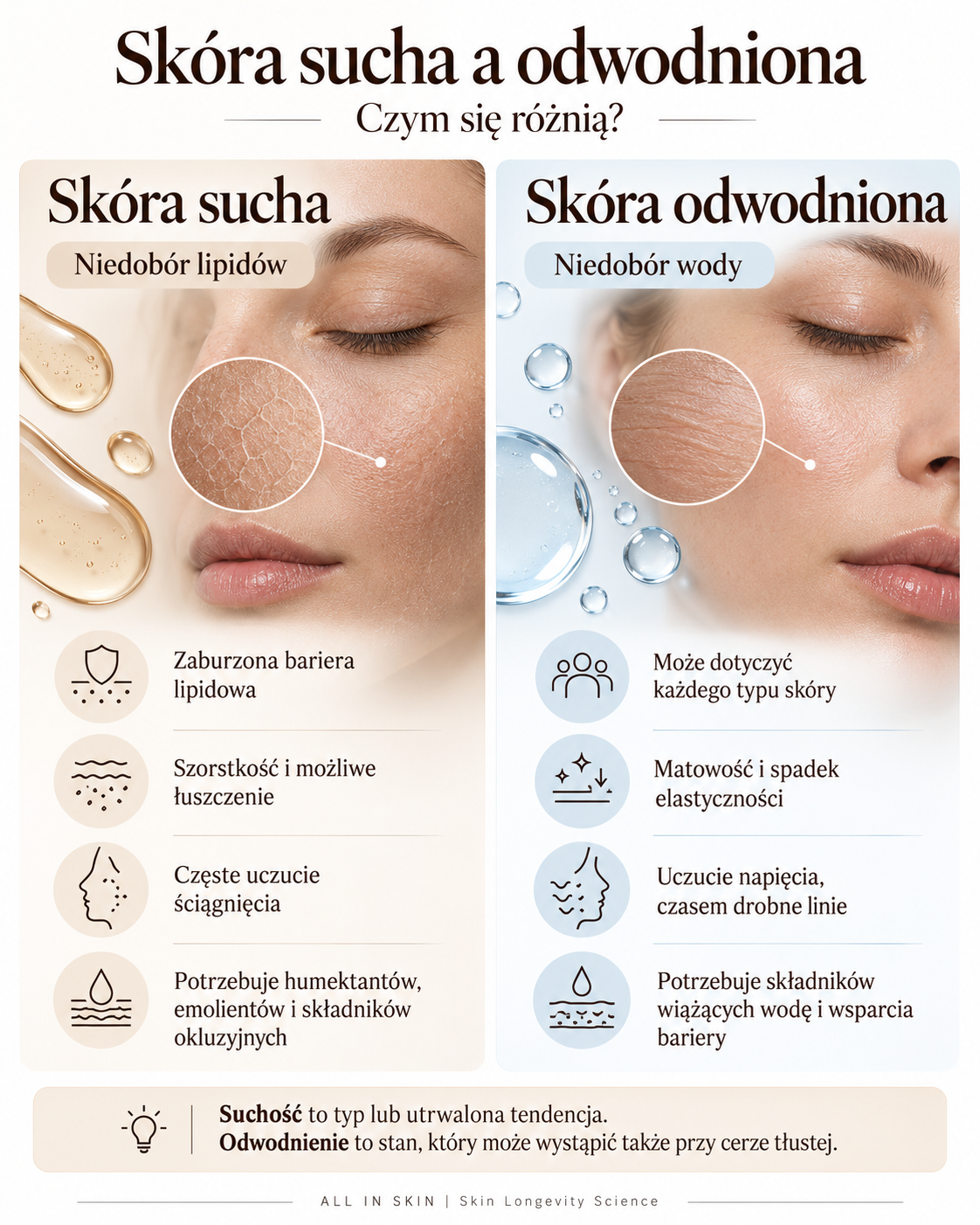 Infografika porównująca skórę suchą i odwodnioną, ich charakterystyczne objawy oraz potrzeby pielęgnacyjne